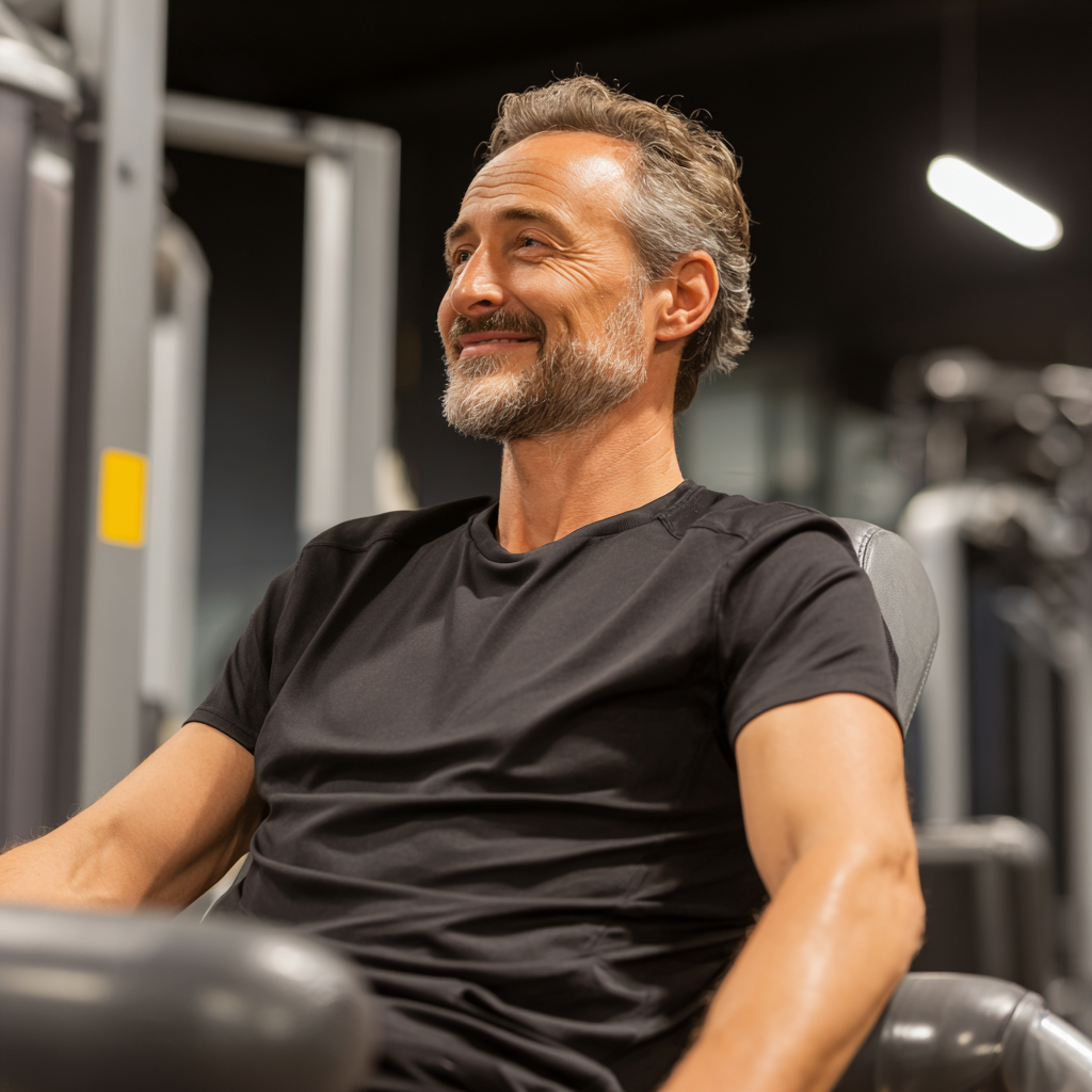 Smiling middle-aged European woman in comfortable workout clothes doing gentle stretching exercises in a bright, modern fitness studio