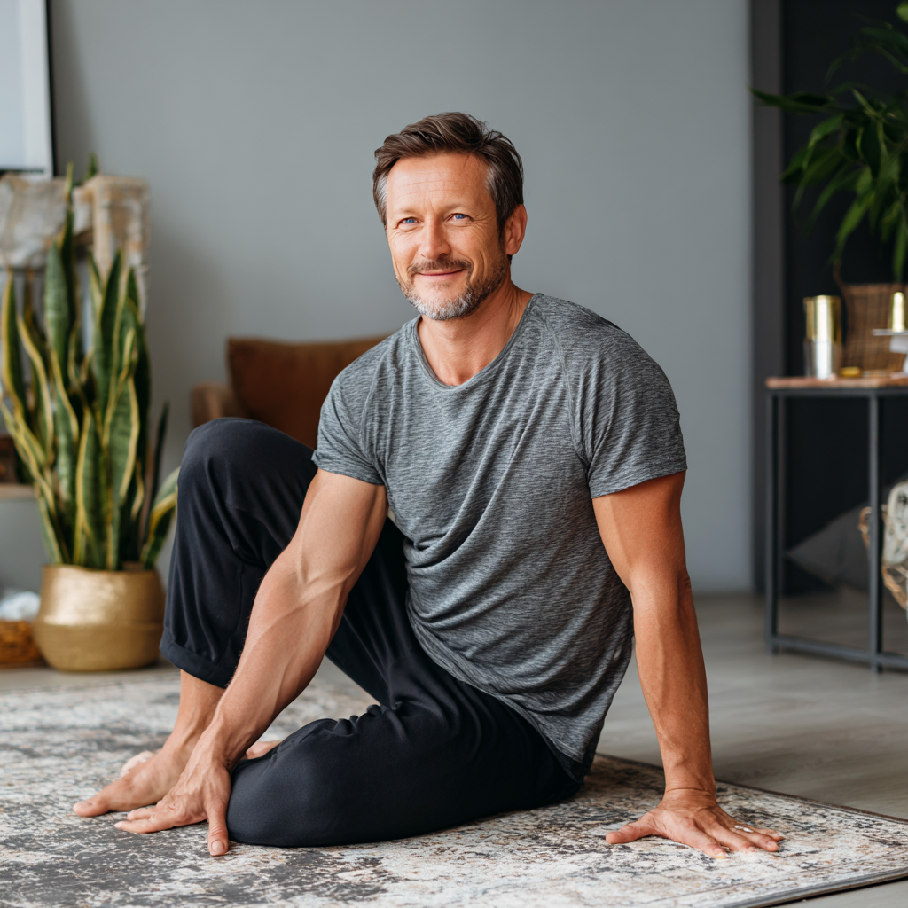 Happy elderly European couple in their 60s doing light stretching exercises together in a sunny park, both smiling and wearing comfortable exercise clothing