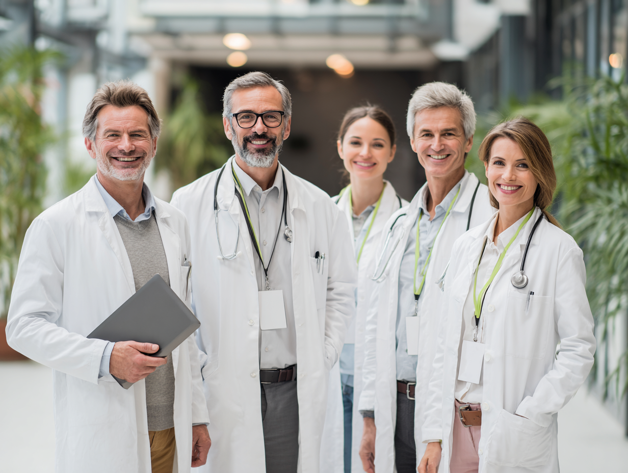 Professional team of European specialists in their 30s-40s in medical consultation room, all smiling confidently while reviewing joint health materials